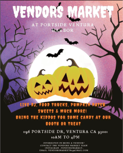 Vendor's Market Flyer at Portside Ventura Harbor. Spooky tree, bats and pumpkin scene.